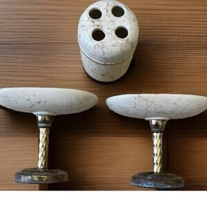 Vtg Brass Pedestal Soap Dish & Holder Porcelain Marbled Regency Decor Set 3